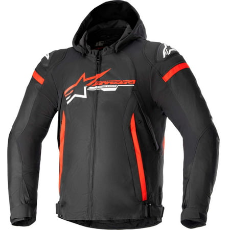 Black and red Alpinestars Zaca men's waterproof motorcycle jacket in size 3XL, featuring a hood, zippered front, and prominent logo on the chest.