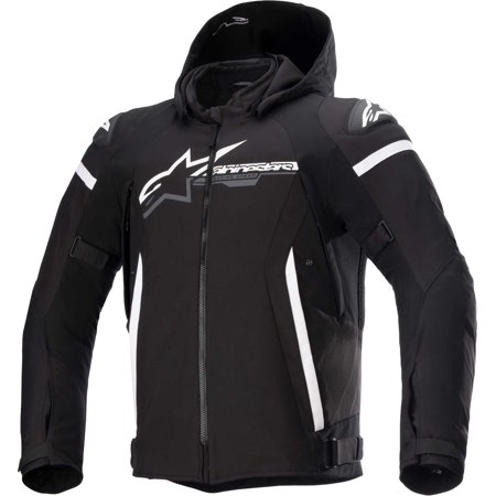 Alpinestars Zaca waterproof textile motorcycle jacket in black and white, featuring a hood, reflective accents, and protective padding, designed for 3X-large size.