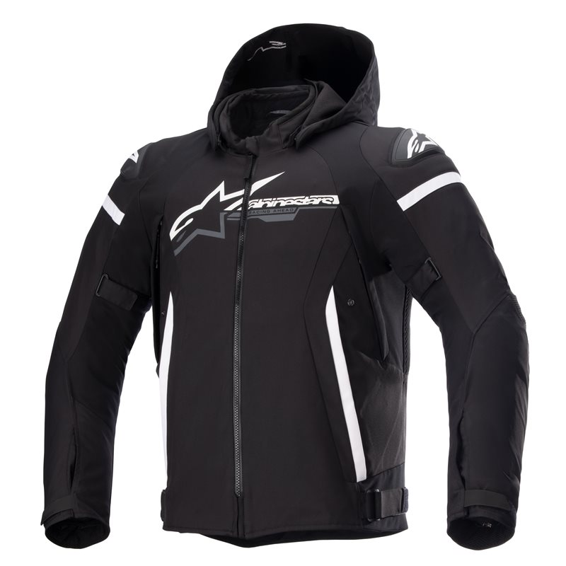 Black and white Alpinestars Zaca textile jacket, size M, featuring a waterproof design, adjustable hood, and reflective detailing for enhanced visibility.
