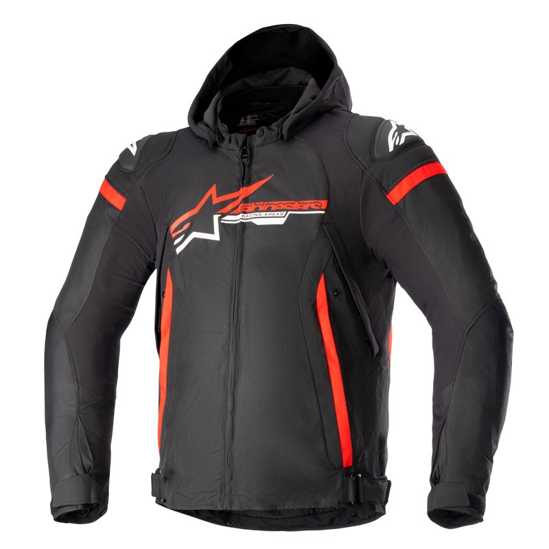 Black textile jacket with light red and white accents, featuring a hood, zip closure, and Alpinestars logo on the chest, designed for waterproof protection, size S.