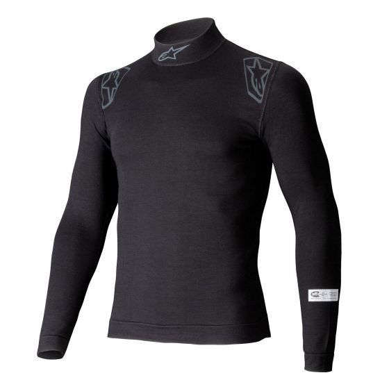 Black long sleeve top with a high collar, featuring Alpinestars logo on the shoulders, made from breathable material, available in size XS/S.