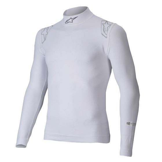 White long sleeve top with a high collar, featuring Alpinestars logo on shoulders, made from lightweight, stretchy material, available in XS/S size.