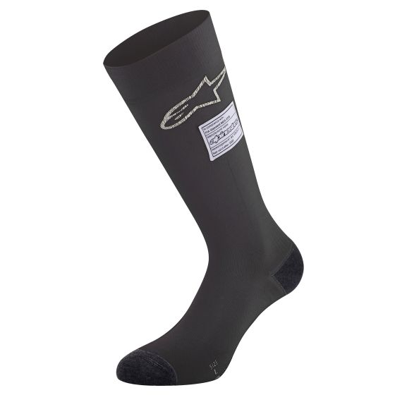 Black Alpinestars ZX Evo V4 socks with a reinforced toe and heel, featuring a silver logo and a comfortable, moisture-wicking material, designed for performance.