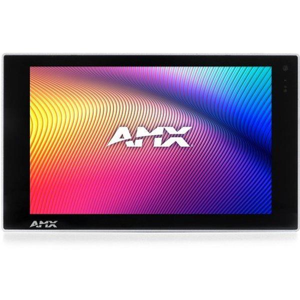 AMX Varia SL80, an 8” ultra-slim wall mount touch panel with a sleek black frame, featuring a vibrant, colorful display with swirling patterns and the AMX logo.