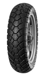 Black rubber scooter tyre with a tread pattern designed for winter grip, size 100/80 14, suitable for front or rear use, featuring a durable construction for enhanced traction.