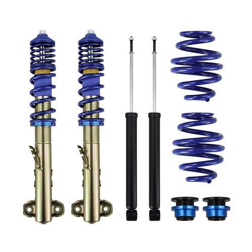 AP Suspension Coilover Kit featuring gold metal shock absorbers, blue springs, and black dampers, designed to lower front 30-55mm and rear 30-60mm for enhanced vehicle performance.