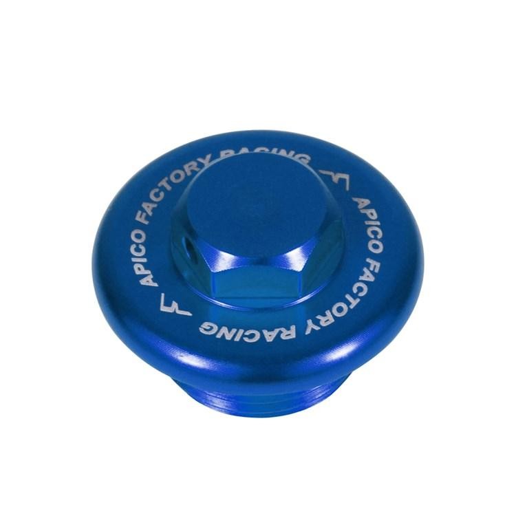 Blue aluminum oil fill plug with a short design, featuring engraved "APICO FACTORY RACING" text, compatible with Yamaha YZ65 (2018-24), YZF250 (2001-24), and WRF250 (2003-24).