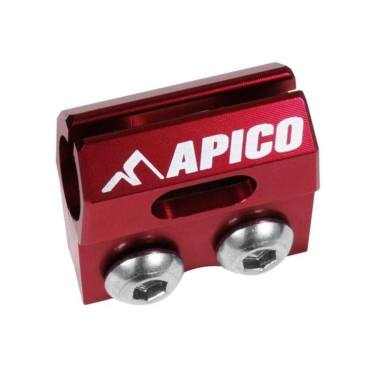 Red aluminum brake hose clamp with two silver bolts, featuring the white "APICO" logo and a sleek, machined design, compatible with various Kawasaki models.