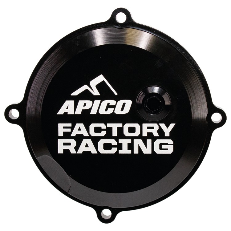Black aluminum clutch cover with a polished finish, featuring the Apico logo and "FACTORY RACING" text in white, designed for KTM SX50, Husqvarna TC50, and Gas Gas MC50 models.