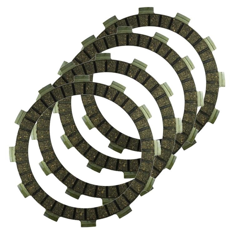 Four clutch friction plates with a dark brown friction material and green steel backing, designed for Yamaha YZF250, WRF50, and YZF250FX models from 2001 to 2019.