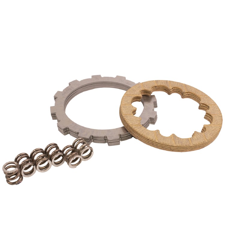 Complete clutch kit featuring metal clutch plates and a fiber plate, accompanied by six steel springs, designed for KTM SX50, Husqvarna TC50, and Gas Gas MC50 models.