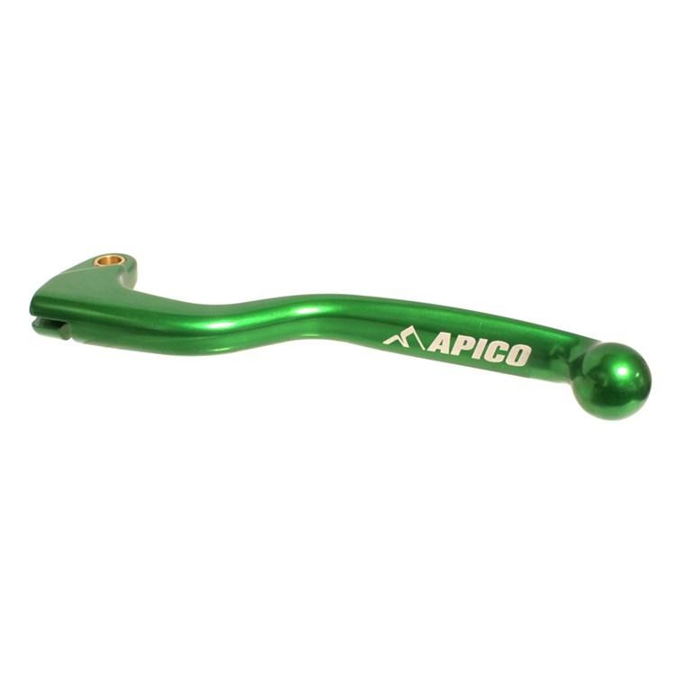 Green aluminum clutch lever with a smooth curved design, featuring the "APICO" logo in white, designed for various Kawasaki motorcycle models.