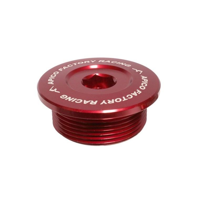 Red aluminum engine plug with a threaded design, featuring "APICO FACTORY RACING" engraved around the top, compatible with Honda CRF450R, CRF450RX, and CRF450X models from 2017 to 2024.