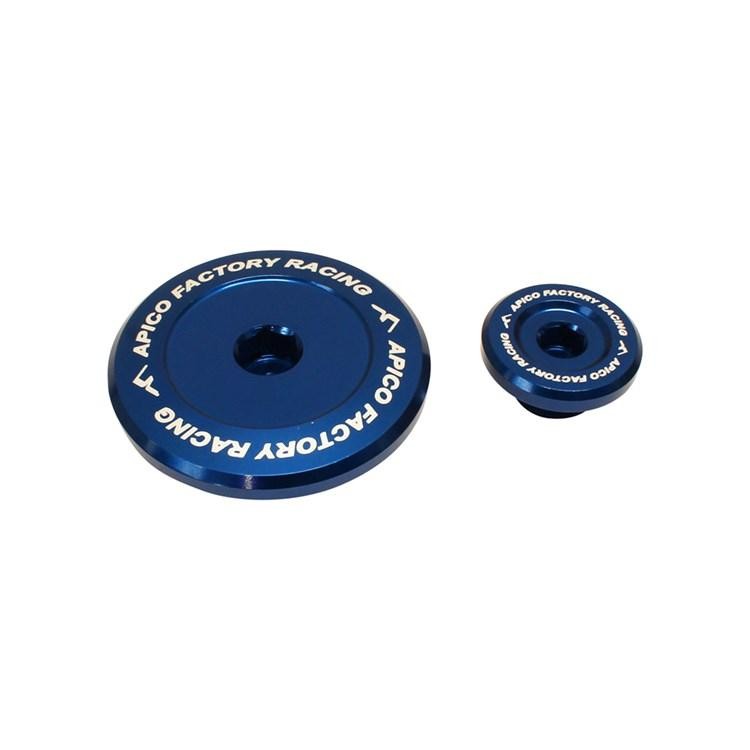 Blue aluminum engine plugs by Apico, featuring the "Apico Factory Racing" logo in white, designed for Yamaha YZF250, YZF450, WRF250, and WRF450 models.