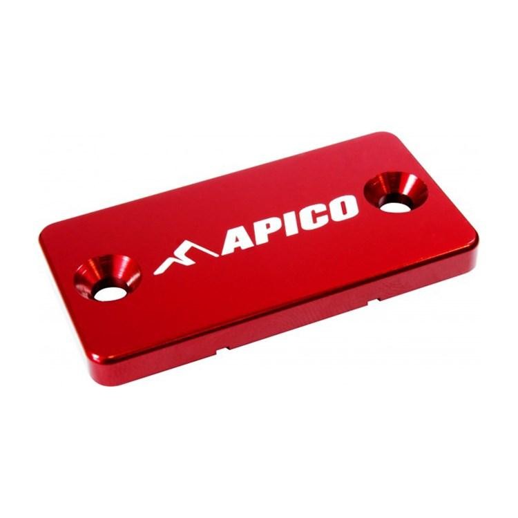 Red aluminum brake master cylinder cover with two mounting holes, featuring the white "APICO" logo, designed for various Suzuki RM and RMZ models from 1991 to 2024.