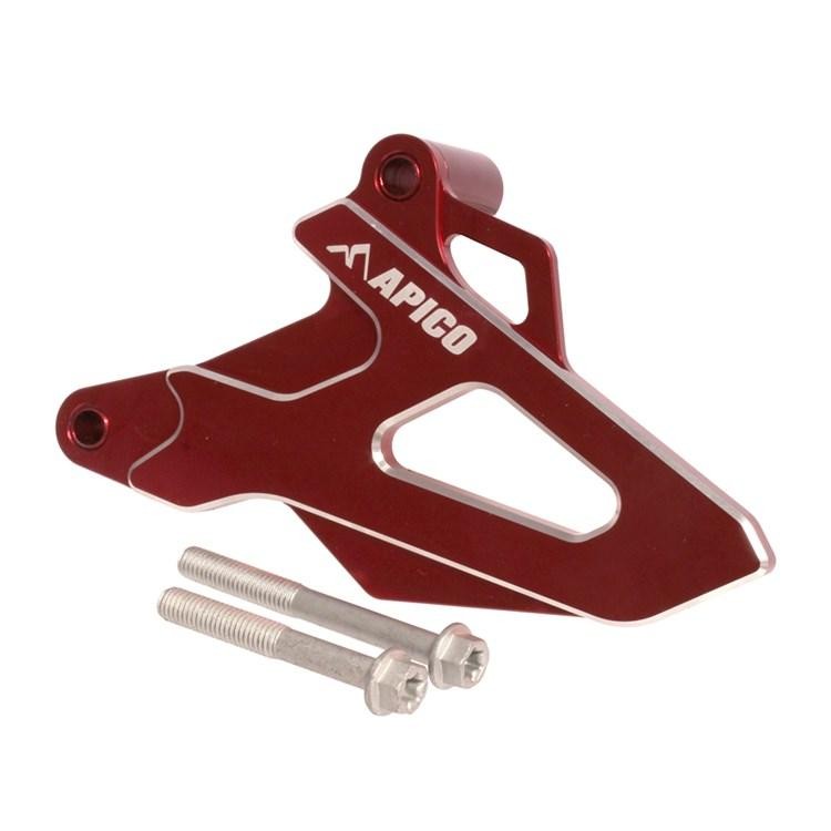 Red aluminum front sprocket cover with a sleek design and cutouts, featuring the "Apico" logo, accompanied by two silver screws for installation, compatible with Honda CRF250R and CRF250RX models.