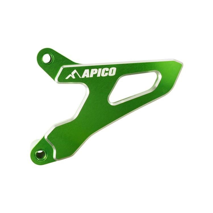 Green aluminum front sprocket cover with a sleek design, featuring the "APICO" logo and cut-out sections for weight reduction, compatible with Kawasaki KXF250 and Suzuki RMZ250 models.