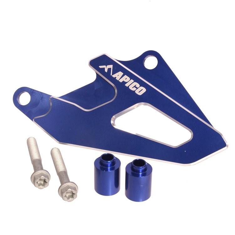 Blue aluminum front sprocket cover with a sleek design, featuring the "Apico" logo, accompanied by two blue spacers and two silver screws.