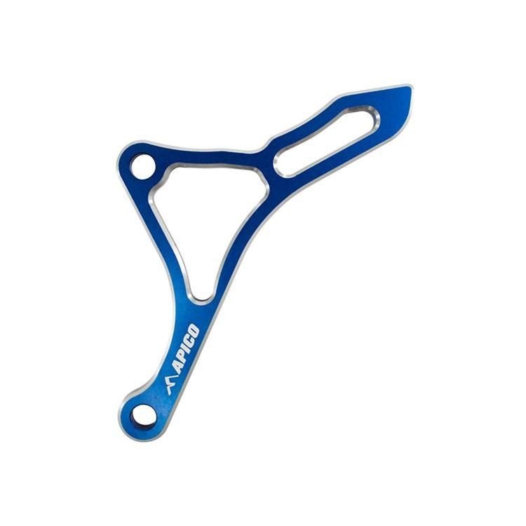 Blue aluminum front sprocket cover with a sleek design, featuring cutouts for weight reduction and the Apico logo prominently displayed. Compatible with various Yamaha models.