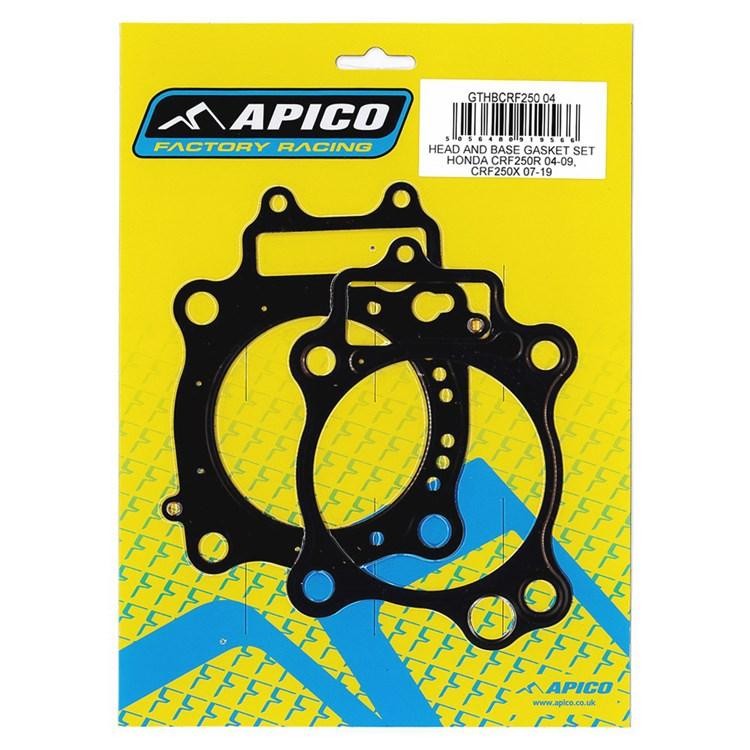 Black head and base gasket kit for Honda CRF250R (2004-09) and CRF250X (2007-19), featuring circular shapes with cutouts, packaged on a bright yellow backing with blue graphics.