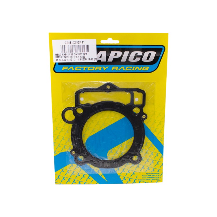 Apico Head & Base Gasket Kit for KTM and Husqvarna, featuring a black rubber gasket in a bright yellow packaging with blue accents and product details on the label.