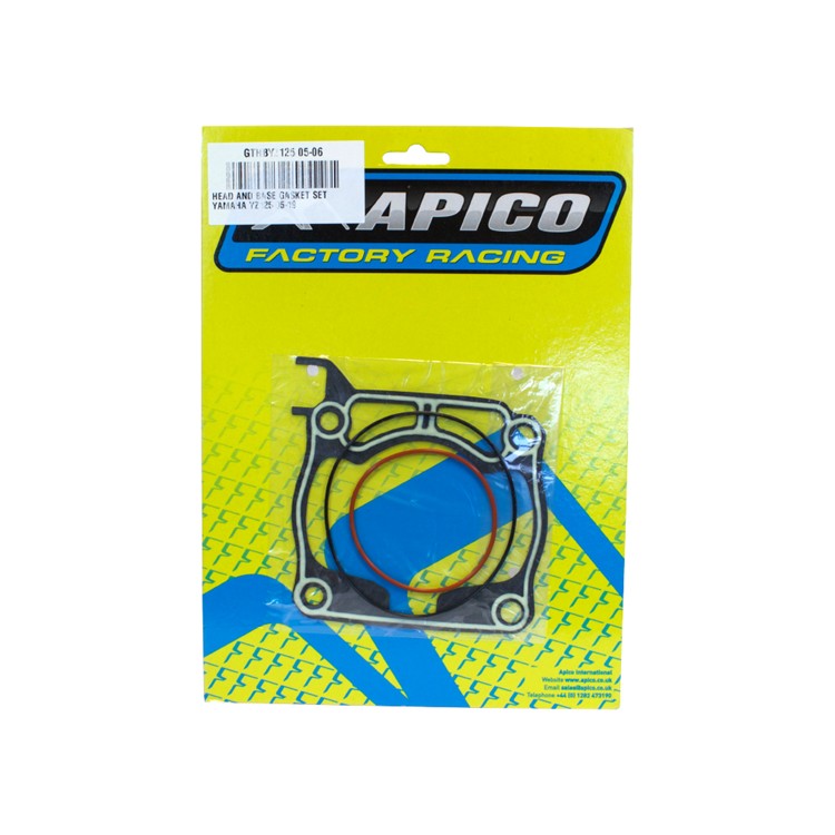 Apico Head & Base Gasket Kit for Yamaha YZ125 and YZ250X, featuring a colorful packaging with a yellow background and a clear plastic display of the gaskets inside.