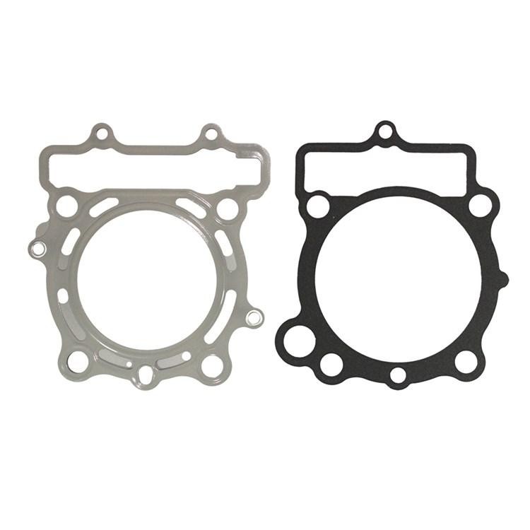 Two gaskets for Kawasaki KXF250 (2017-19) in grey and black, featuring circular cutouts and bolt holes, designed for head and base sealing applications.