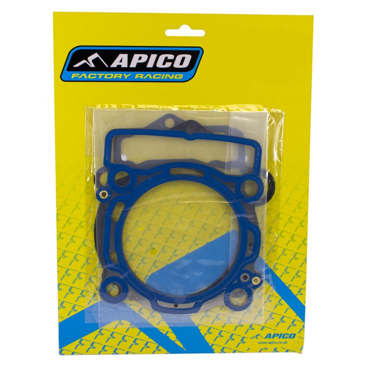 Blue gasket set for KTM SXF350 and Husqvarna FE350, featuring a durable material, packaged in a bright yellow backing with Apico branding.