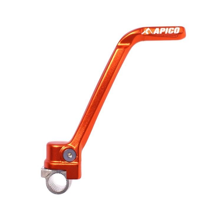 Apico Kick Start lever in bright orange, made of aluminum, featuring a textured grip and a circular attachment point for KTM SX85 models from 2018 to 2024.