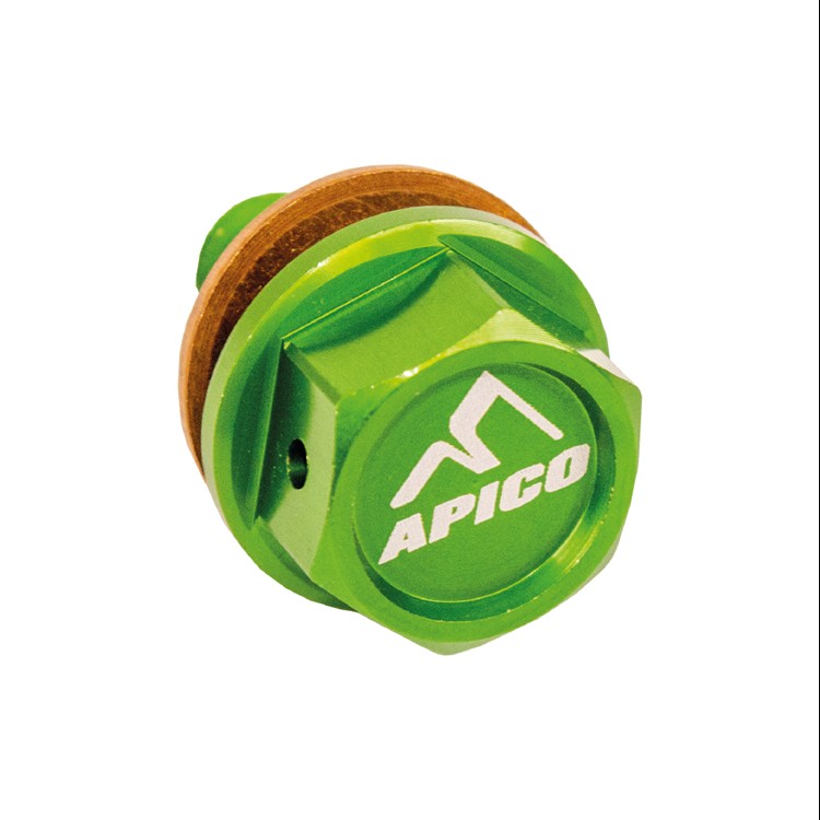 Green Apico magnetic sump bolt designed for Kawasaki KXF450 models from 2019 to 2024, featuring a durable metal construction and a prominent white logo.