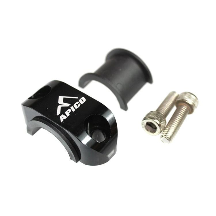 Black aluminum Apico Master Cylinder Perch Rotator Clamp with a sleek design, featuring the Apico logo and accompanied by two silver screws for installation.
