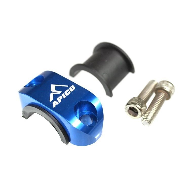 Blue aluminum Apico Master Cylinder Perch Rotator Clamp with a black rubber insert and two silver screws, designed for motorcycle handlebars.
