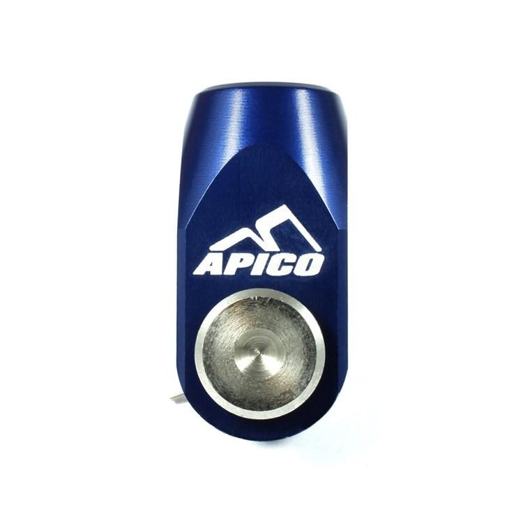 Blue aluminum rear brake clevis by Apico, featuring a polished silver circular attachment point and the Apico logo prominently displayed on the front.