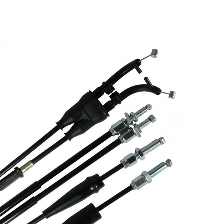 Black throttle cables with metal ends and connectors, designed for Kawasaki KXF250 (2011-16) and KXF450 (2012-15), showcasing durable materials and precise fittings.