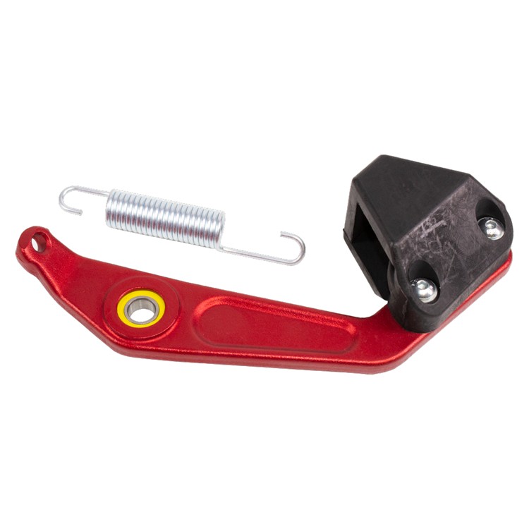 Red aluminum chain tensioner with a black plastic end, featuring a yellow spacer and a silver spring, designed for Gas Gas TXT/Racing/Pro models from 2019 to 2022.