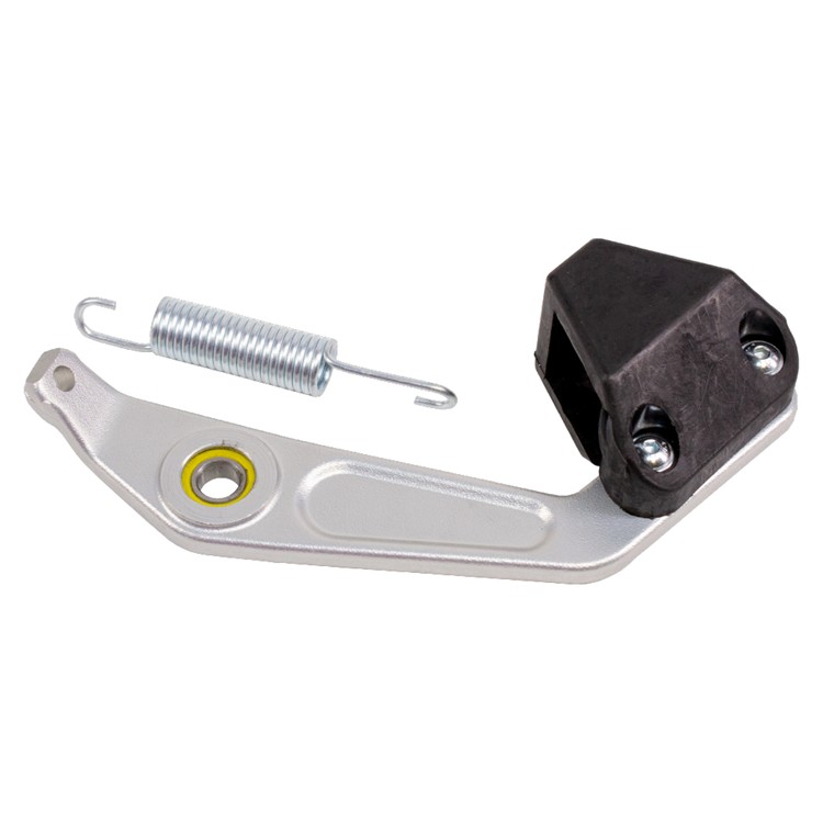 Silver aluminum chain tensioner with a black plastic end, featuring a yellow washer and a coiled metal spring, designed for Gas Gas TXT/Racing/Pro models from 2019 to 2022.