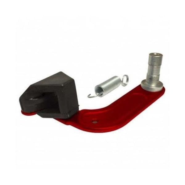 Red Apico Trials Chain Tensioner for Montesa 315R (1997-2004) and 4RT (2005-2022) featuring a metal body, rubber tension block, and a spring attachment.