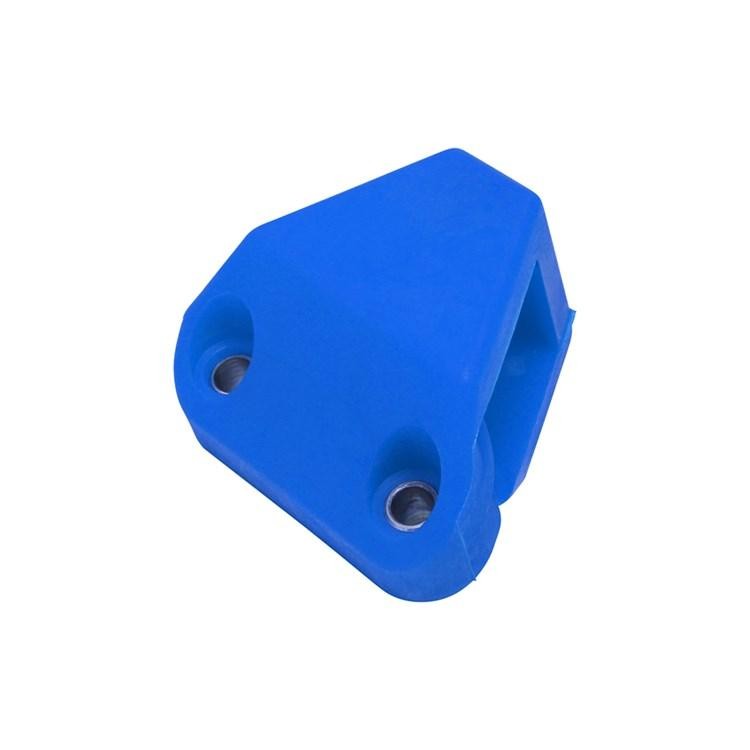 Blue rubber chain tensioner pad with an angled design, featuring two metal inserts for easy installation, ideal for motorcycle or bicycle applications.