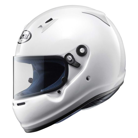 White Arai CK-6 kart helmet in size S (54-55cm) featuring a clear visor, blue interior padding, and ventilation controls on the side.