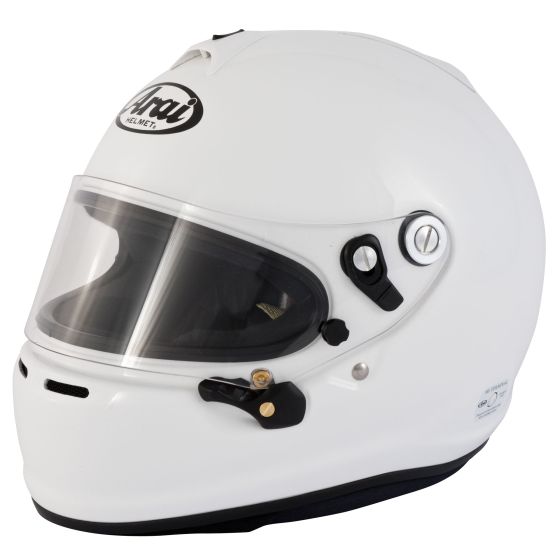 White Arai GP-6S helmet in size XS (53-54cm) featuring a clear visor, ventilation ports, and a sleek aerodynamic design.