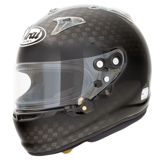 Arai GP-7 SRC Carbon Helmet features a sleek black carbon fiber design, clear visor, adjustable vents, and a distinctive logo on the front.