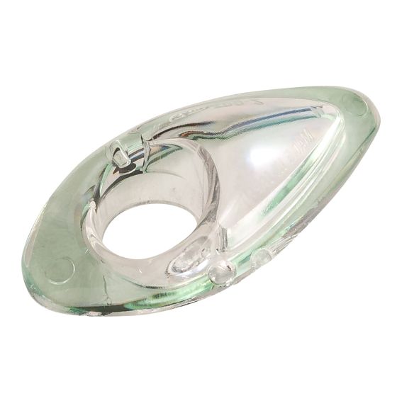 Clear plastic air vent duct for Arai helmets, featuring a streamlined oval shape with a central opening, designed for improved airflow and ventilation.