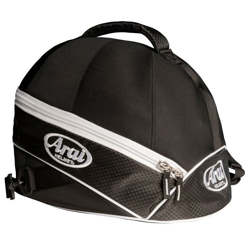 Black Arai helmet bag featuring a zippered closure, a sturdy handle, and a textured design with a white stripe and logo prominently displayed.