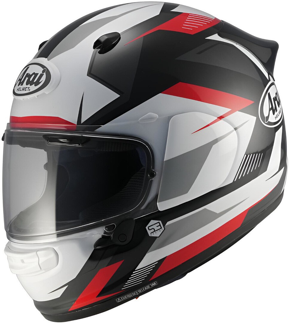 Full face Arai Quantic Supra helmet in white, black, grey, and red, featuring a sleek aerodynamic design, a clear visor, and ventilation ports, size S.