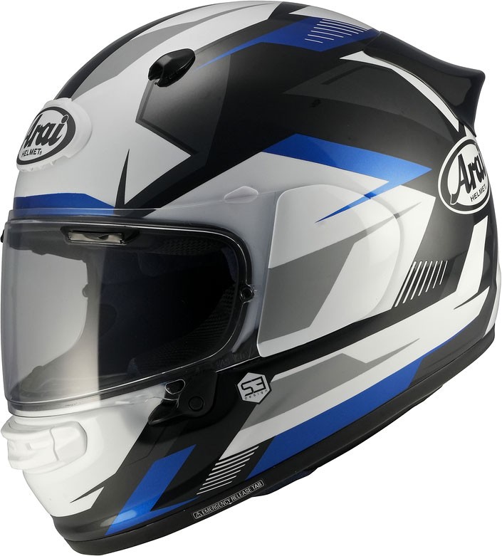 Arai Quantic Supra Helmet in black, white, and yellow, featuring a sleek aerodynamic design, a clear visor, and a size L label, ideal for men.