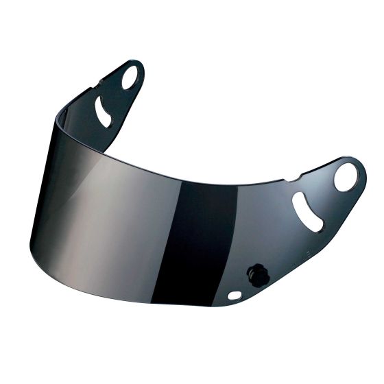 Replacement dark smoke anti-fog visor for Arai CK-6 helmets, featuring a smooth finish and mounting holes for easy attachment.