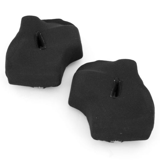 Black, soft fabric cheek pads designed for the Arai GP-5W helmet, featuring 12mm thickness and cutouts for secure attachment.