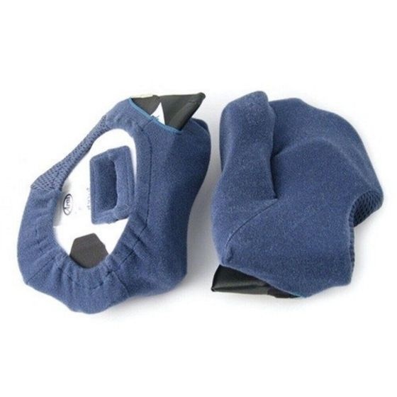 Replacement cheek pads for Arai SK-6 helmet, featuring a soft blue fabric exterior and black inner support, designed for comfort and a secure fit.