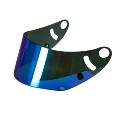 Arai mirrored visor for CK-6 helmets in blue, featuring a sleek, reflective surface and cut-out holes for easy attachment.