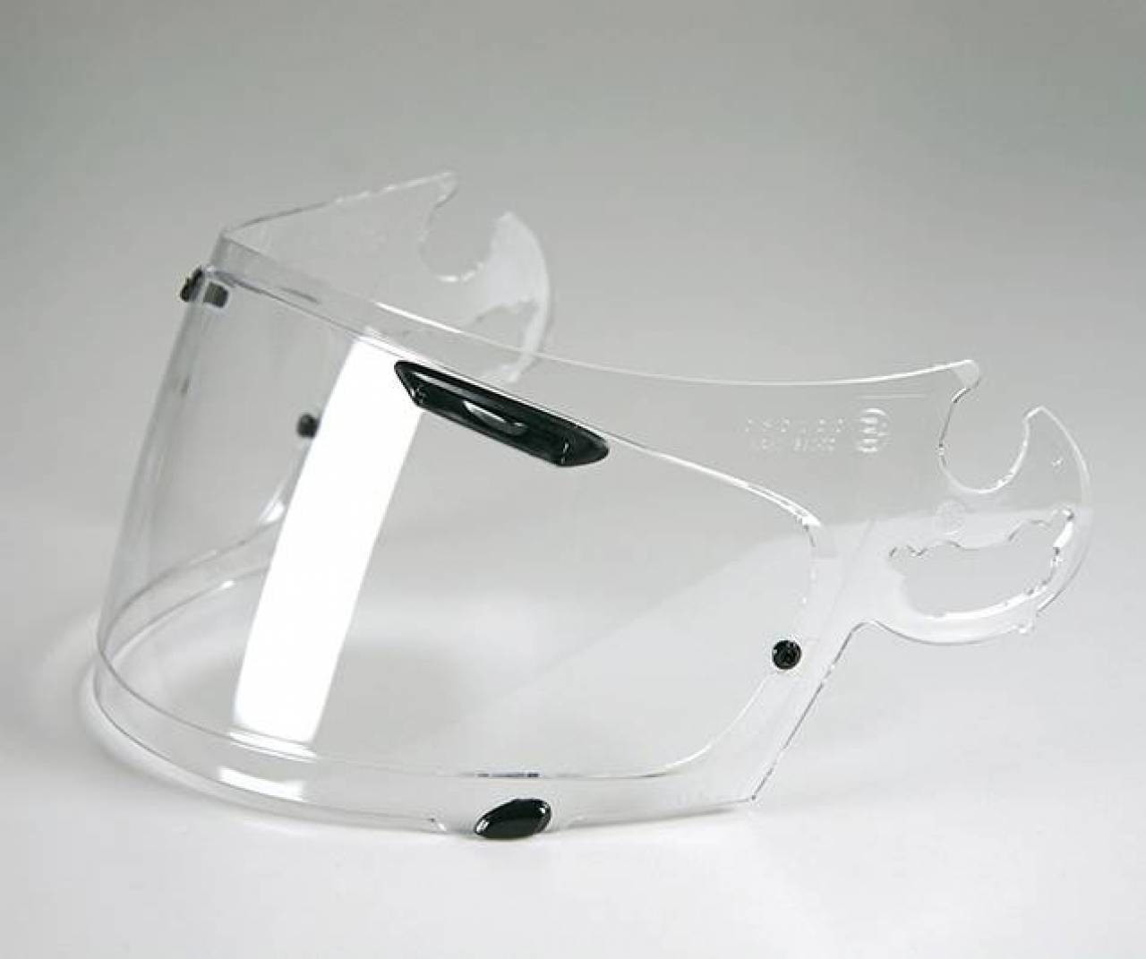 Clear Arai SUP ADS MAX-V visor with a sleek design, featuring black mounting points and a curved shape for optimal visibility, made from durable, high-quality material.